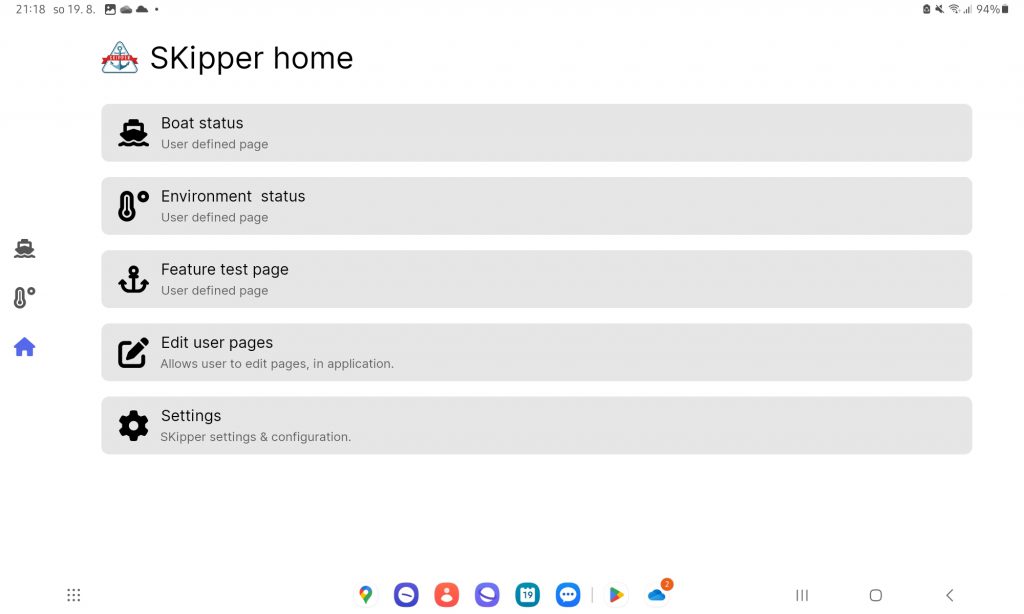 SKipper main menu, shows all user pages, settings and about.